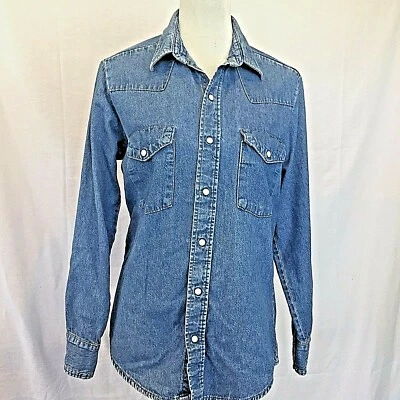 Vtg 1980s Fitted Western Denim Shirt Pearl Snaps SZ M  Rockabilly By DAKOTA  - Image 1 of 4