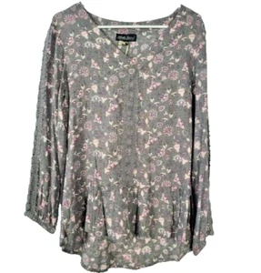 North River Womens BOHO Blouse Top Small Gray Floral Ruffled Casual Cottagecore - Picture 1 of 9