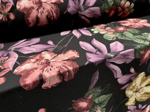 Bubble Crepe Stretch Dress Fabric, Per Metre- Lily Flower Print - Black & Violet - Picture 1 of 4