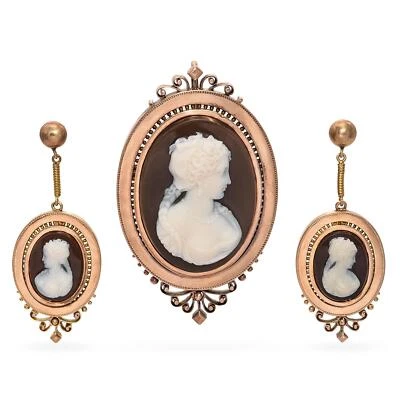Антикварный 21K, 18K, 14K розового золота агата камео брошь подвеска и серьги комплект - Изображение 1 из 4