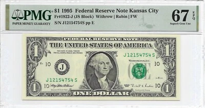 1995 $1 KANSAS CITY FRN. PMG Superb GEM Uncirculated 67 EPQ. J/S Block. FW Print - Image 1 of 2