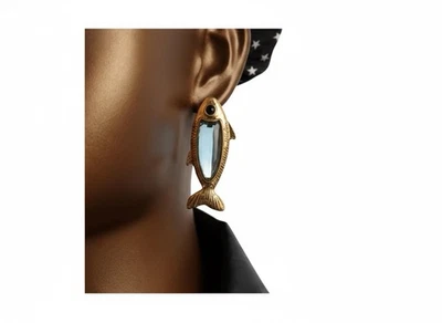 Pendientes Zara Pez Oro Sardina Pez Dorado Lucita Azul Náutico Boho Circonita Foto 1 de 4