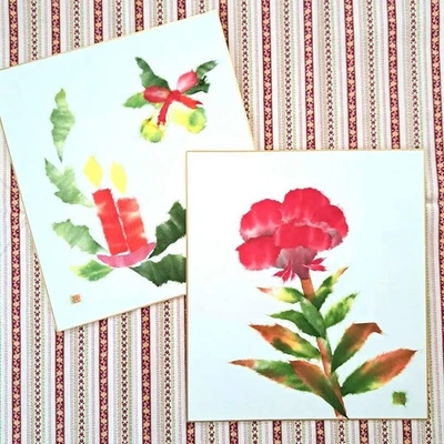 Handmade Christmas flower collage set made from torn Japanese paper. - Image 1 of 4