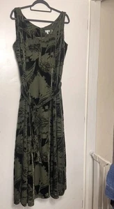 EAST Olive Green Silk Blend Velvet Burnout Midi Dress Belted Size 14 - Picture 1 of 5