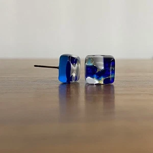 Murano Glass Blue Square Stud Earrings Italy - Picture 1 of 5