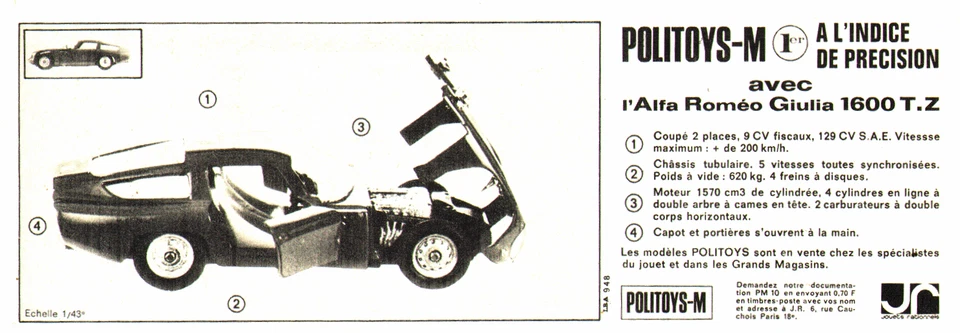 PUB VEHICULE MINIATURE " POLITOYS-M    " ALFA ROMEO GIULIA 1600 T.Z    1967 - Photo 1/1