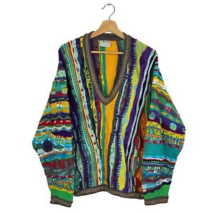 VTG 90s Authentic Coogi Australia Sweater V-Neck Multi-Colored Cotton 3D Knit M