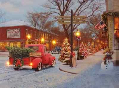 NEW CHRISTMAS Canvas RETRO LOOK LED  Print TOWN VILLAGE TIMER Snow 14.5"H x 20"W - Image 1 of 2