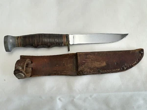 Ka-Bar Knife with leather stacked handle and leather sheath with belt loop - Picture 1 of 6