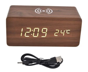 with Charging Wood Digital LED Desk Clock for Bedroom Sound Control Alarm - Picture 1 of 7