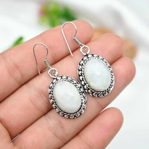 Rainbow Moonstone Gemstone Dangle Earrings 925 Sterling Silver Handmade Jewelry - Picture 1 of 6