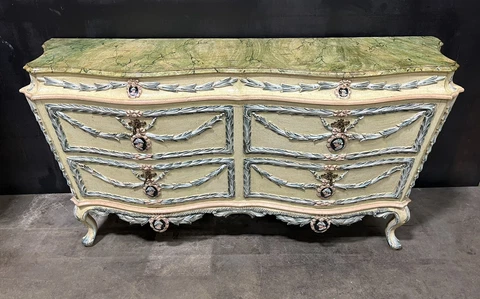 Italian Painted Venetian Chest By Studiolo Ponziani Of Florence, Faux Marble Top Cover