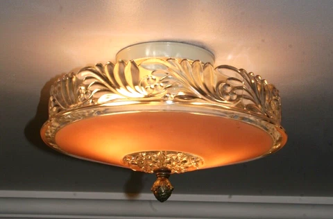 Antique 40s pink glass 12" shade three socket flush mount ceiling light fixture Cover
