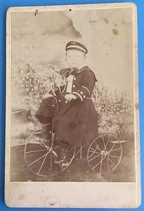 *Original* LITTLE BOY IN UNIFORM RIDING TRICYCLE BICYCLE 1890's Cabinet Photo  - Picture 1 of 2