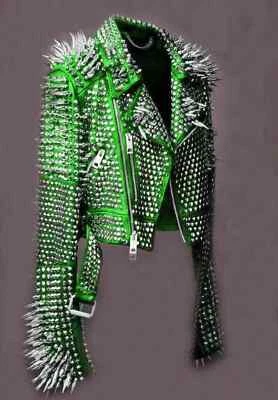 Men's Punk Green Heavy Full Long Spiked Studded Rock Motorcycle Leather Jacket - Image 1 of 2