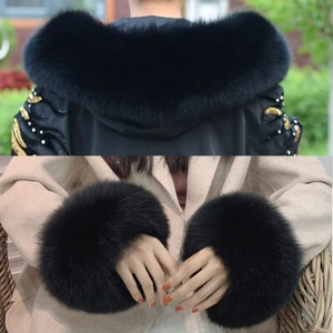 Juegos de cuello de piel de zorro real para mujer para abrigo con capucha chaqueta para gorra negra - Imagen 1 de 10