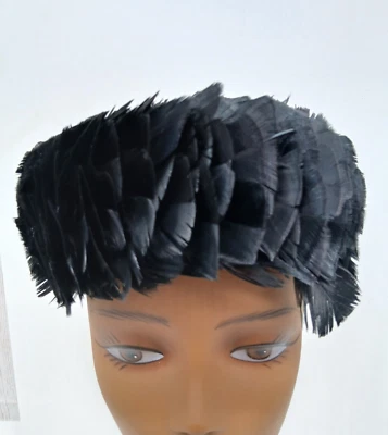 Vintage Black Feather Fascinator Pillbox Hat Union Made Womens - Image 1 of 4