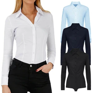 Damen Body Hemd Baumwolle Casual Bluse Slim Fit Schwarz Weiß Stretch - Bild 1 von 18