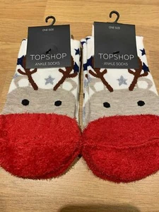 Christmas Topshop Socks 2 Pairs-Reindeer Fluffy Red Toes BRAND NEW RRP £7 1 size - Picture 1 of 5