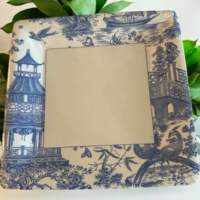 Paquete de 8 platos de cena cuadrados azules Caspari Chinoiserie Tolle Bridge- Foto 1 de 4