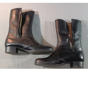 Vintage schwarz Leder halbhohe Stiefel seitlicher Reißverschluss Blockabsatz Mode Kleid Cosplay - Bild 1 von 5