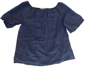 Top blusa Terzo Millennio Made in Italy pizzo spalle scollo a scoop M lino blu - Foto 1 di 9