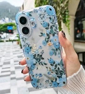iPhone 16 Plus Cell Phone Case Blue Nemophila Floral Gold Highlights by Scorpify - Zdjęcie 1 z 10