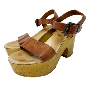 220V Brown Leather Wood Platform Sandals Women's Size 39 EU / 9 US Bock Heels - Picture 1 of 10