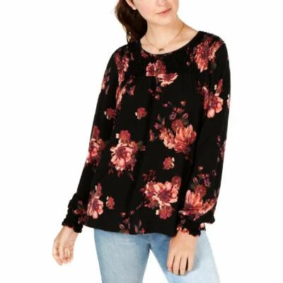 American Rag Black Floral Long Sleeve Jewel Neck Top Juniors Size XXS - Image 1 of 4