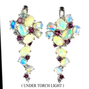 925 Sterling Silver Earrings Oval Fire Opal Rhodolite Natural Gemstone Jewelry - Picture 1 of 10