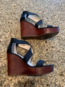 JESSICA SIMPSON  JS  Siana Wooden Platform Wedge Strappy Heels Black Size 10 - Picture 1 of 7