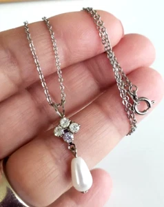 Vintage Faux Pearl Drop Clear Rhinestone Silver Tone Pendant Necklace 16" - Picture 1 of 5