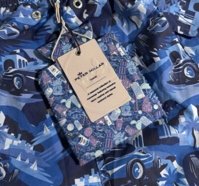 NEW Peter Millar Seaside Men's Large Blue Monaco Madness Car Print Swim Trunks L - Image 1 of 4