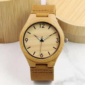 Mens Natural Bamboo Watch with Genuine Leather Strap - Picture 1 of 6