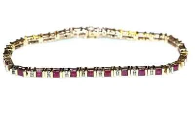 7Ct Princess Cut Lab Created Ruby Diam Tennis Bracelet 14K Yellow Gold Plated 7" - Image 1 of 3
