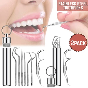 Edelstahl Zahnstocher Taschenset Wiederverwendbar Zahnreinigung Reiseset - 2er Pack - Bild 1 von 9