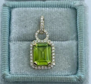 2.30Ct Emerald Cut Lab Created Peridot Women Halo Pendant 14K Yellow Gold Plated - Picture 1 of 8