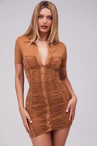 MISTRESS ROCKS 'Shoreline' Tan Jersey Gathered Mini Dress S 8/10 3790 - Zdjęcie 1 z 10