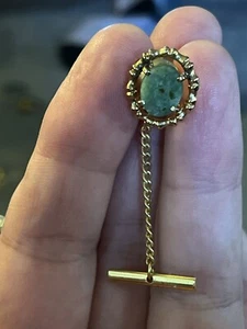 Vintage Green Moss Agate Stone Gold tone Tie Tack Tac Stay Chain - Picture 1 of 11