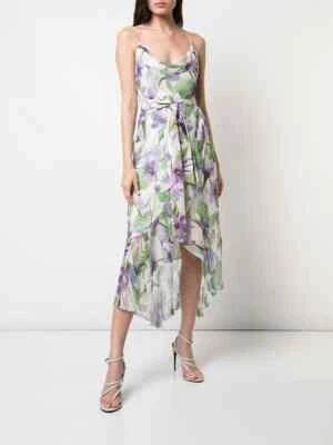ALICE + OLIVIA White Purple Green Floral Print Cowl Ruffle Cocktail Dress 8 = M - Image 1 of 4
