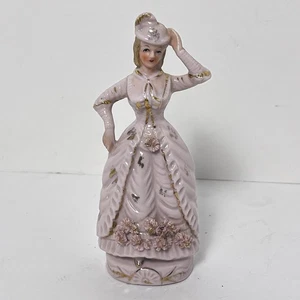Vintage Figurine Victorian Woman In Pink Dress W Gold Accents Porcelain - Japan - Picture 1 of 18