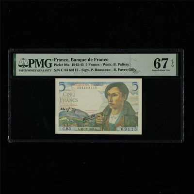 1943-45 France Banque De France 5 Francs Pick#98a PMG 67 EPQ Superb Gem UNC - Image 1 of 4