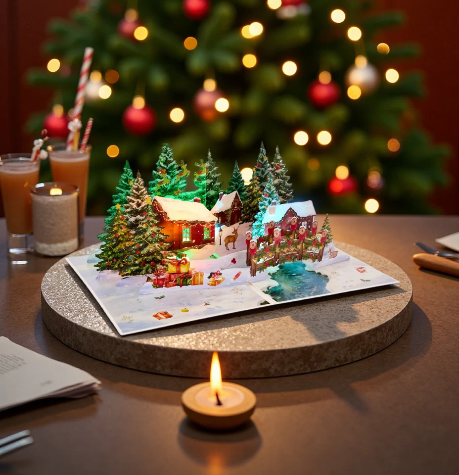 3D Pop-Up Christmas Card with Music & LED Lights | Winter Wonderland Village - Image 1 of 4