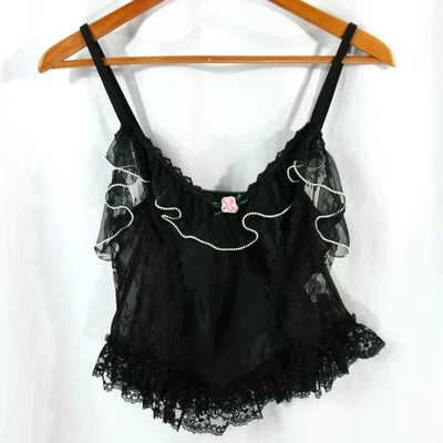 Lencería de peluche vintage Sedu con cuentas negras transparentes volantes de encaje satinado S Foto 1 de 4