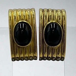 Ben Amun Designer Vintage 1980 Large Clip-On Gold Tone Black Cabochon Earrings - Picture 1 of 8