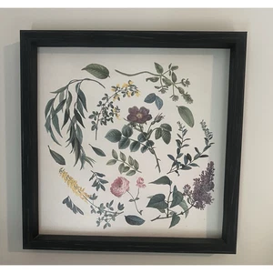 Floral 13 X 13 Wall Decor Picture Black Wood Frame Leaves Boho Chic Bedroom - Picture 1 of 8