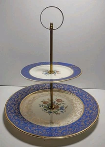 Vintage Royal China 22kt Gold Blue Two Tier Cake Dessert Plate - Picture 1 of 11