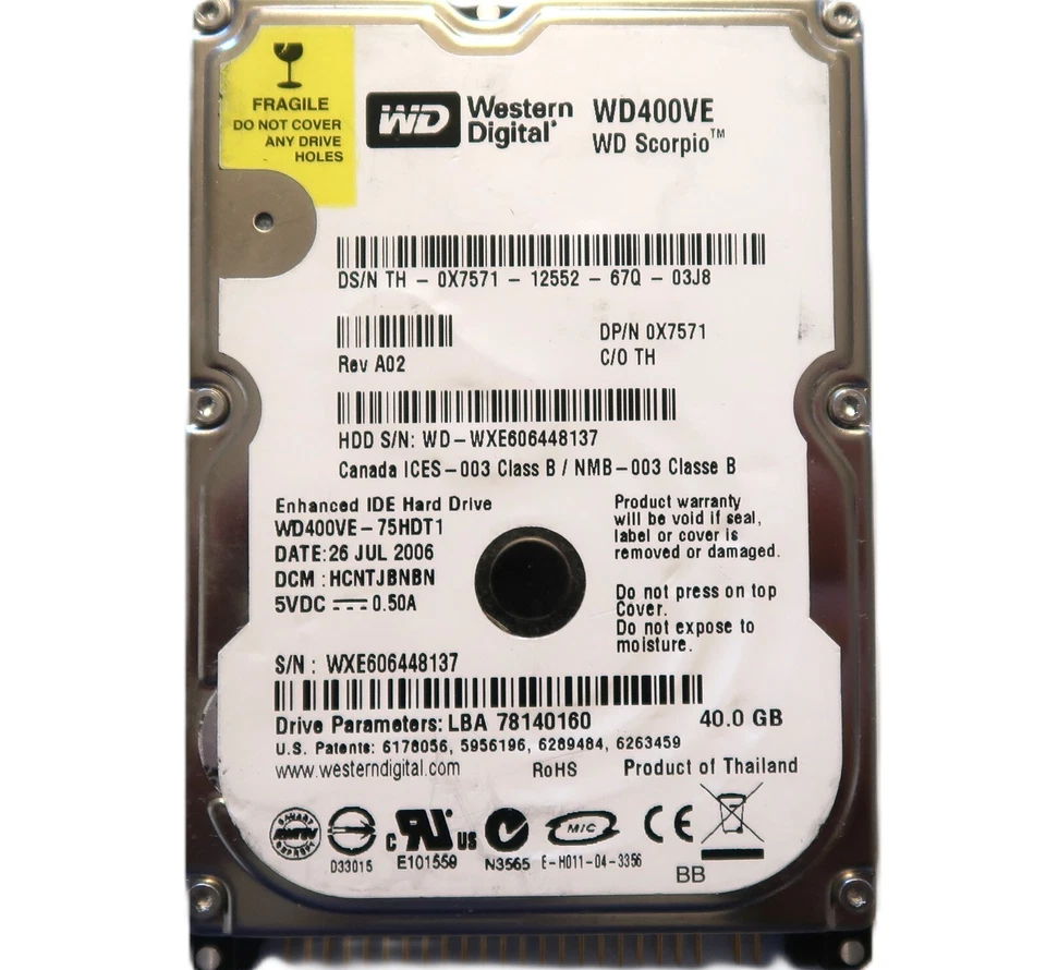 WD WD400VE-75HDT1 HCNTJBNBN (WXE6) Thailand 40gb 2.5" IDE hard drive 26JUL2006 - Image 1 of 1