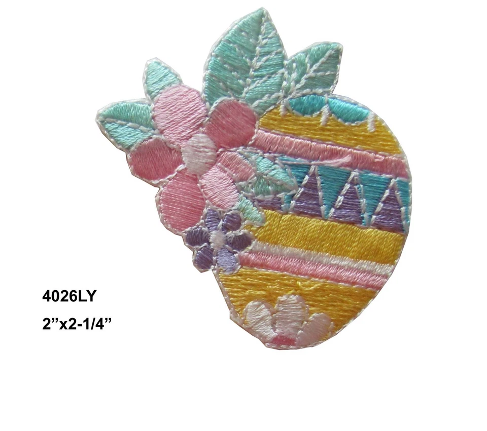 #4026LP 2-1/4" Yellow Easter Eggs w/Pink Flower Embroidery Appliqué Patch - Image 1 of 1