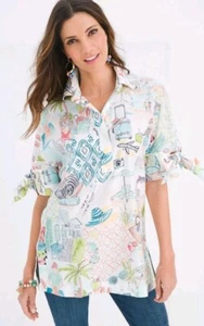 Chicos Tunika Oberteil mit Schleife und Ösen 3 XL weiß Florida Design Urlaub Bindeärmel - Bild 1 von 11